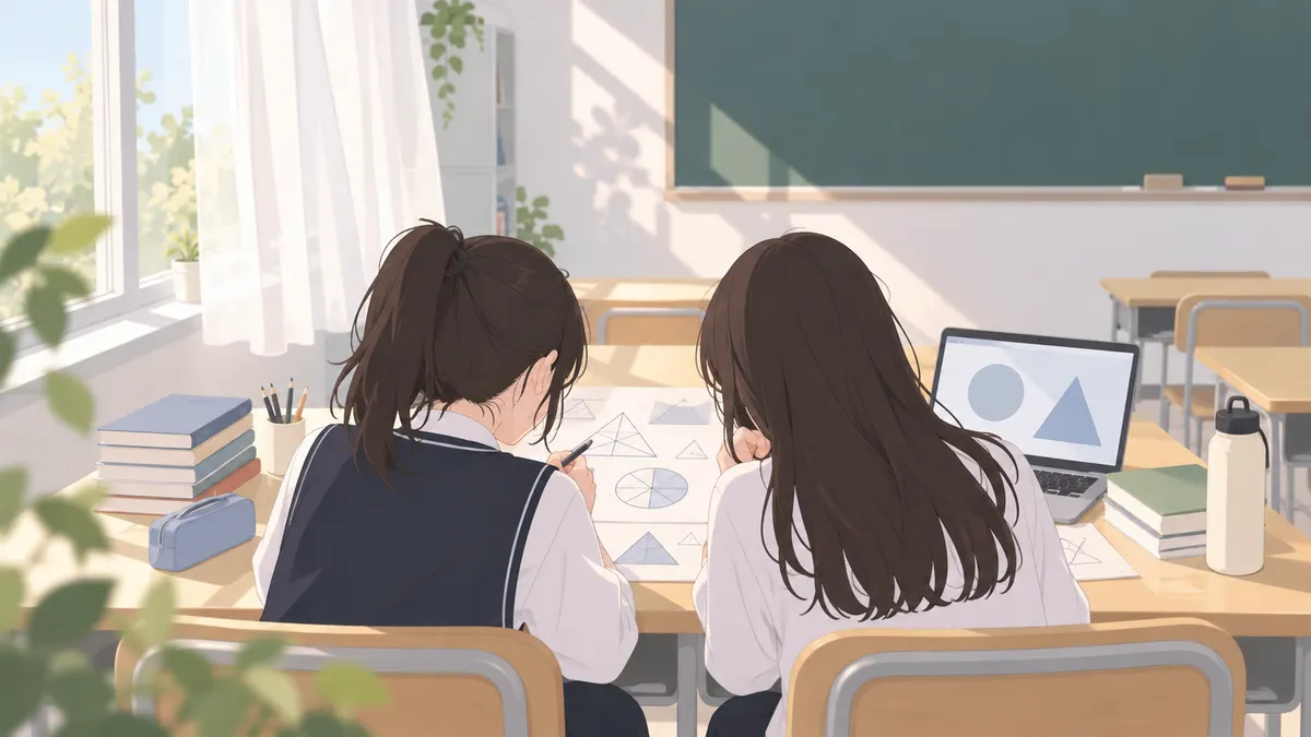 两位学生在教室并肩梳理备考材料
