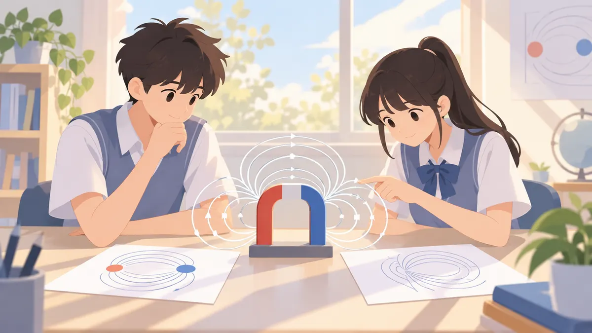 两名学生在窗边研究磁场线模型